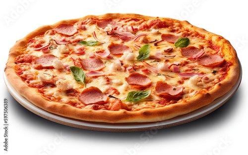 Tasty pizza on wooden board isolated on white background Generative AI