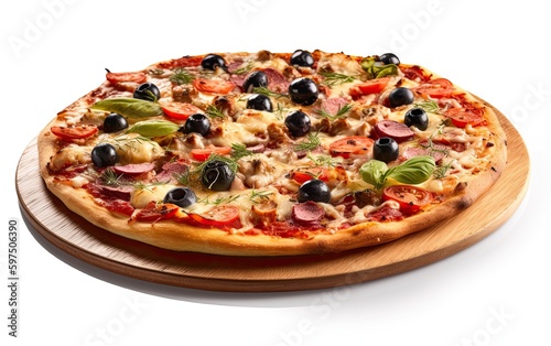 Tasty pizza on wooden board isolated on white background Generative AI