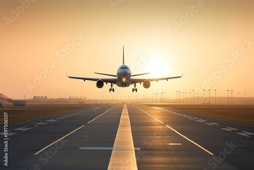 the airplane starts to take off on the runway of the airport against the backdrop of sunset