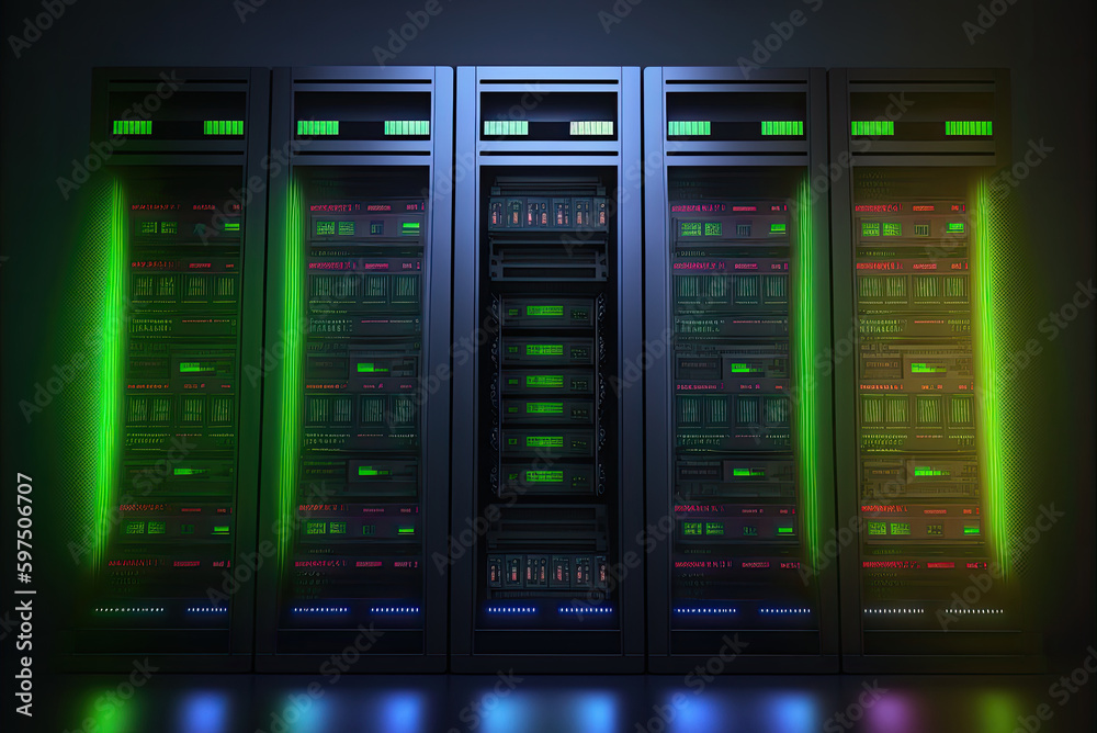 Working data center full of rack lighting servers. Dark glow illustration. Generative AI. Working data center full of rack lighting servers. Dark glow illustration. Generative AI.