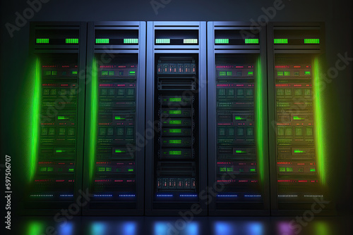 Working data center full of rack lighting servers. Dark glow illustration. Generative AI.