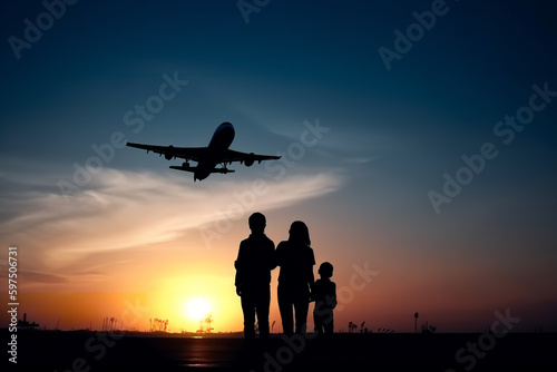 family silhouettes at sunset against the backdrop of a passenger plane taking off