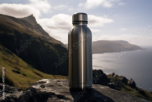 Stunning close-up photograph of a modern metallic water bottle on a rocky island coastline, showcasing durability and readiness for adventure. Created with generative A.I. technology.