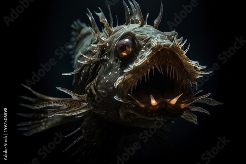 Mesmerizing image portrait of a deep-sea anglerfish, capturing its unique and striking appearance. Emphasis on the beauty, with low and moody lighting. Created with generative A.I. technology.