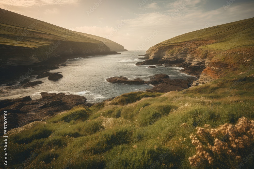 Stunning landscape photograph of an Irish-like coastline, showcasing the diverse and breathtaking natural beauty of the island. Created with generative A.I. technology.