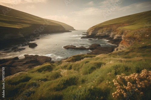 Stunning landscape photograph of an Irish-like coastline, showcasing the diverse and breathtaking natural beauty of the island. Created with generative A.I. technology.