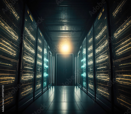 Working data center full of rack lighting servers. Dark glow illustration. Generative AI.