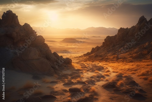 Stunning photograph of a rugged desert landscape, showcasing the vastness and arid expanse of the desert and its stark beauty. Created with generative A.I. technology.