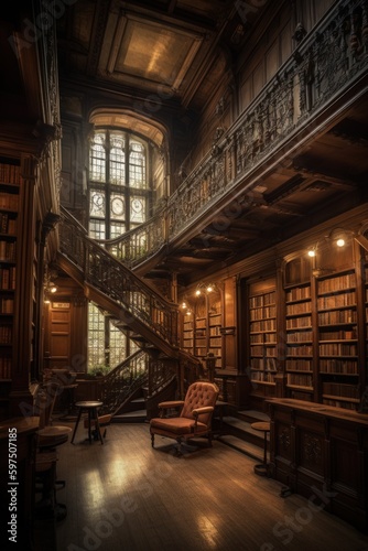 Breathtaking wide-angle photograph of the interior of an old library, capturing the cozy seating areas and the warmth of the sunbeam shining through the window. Created with generative A.I.