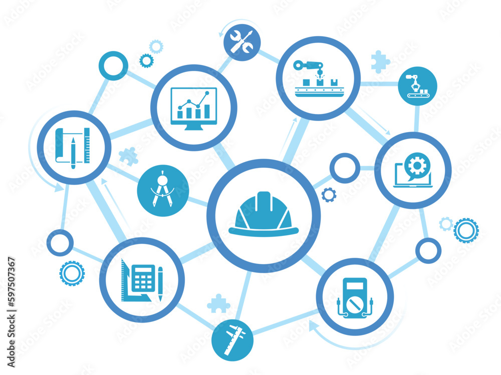 Industrial engineering vector illustration. industry, engineer hardhat, automation and process integration in a factory. Industrial engineering vector illustration. industry, engineer hardhat, automation and process integration in a factory.