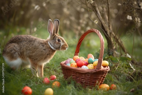 Whimsical and enchanting close-up photography of a hare next to an Easter basket filled with colorful eggs, capturing the wonder and excitement of Easter. Created with generative A.I. technology.