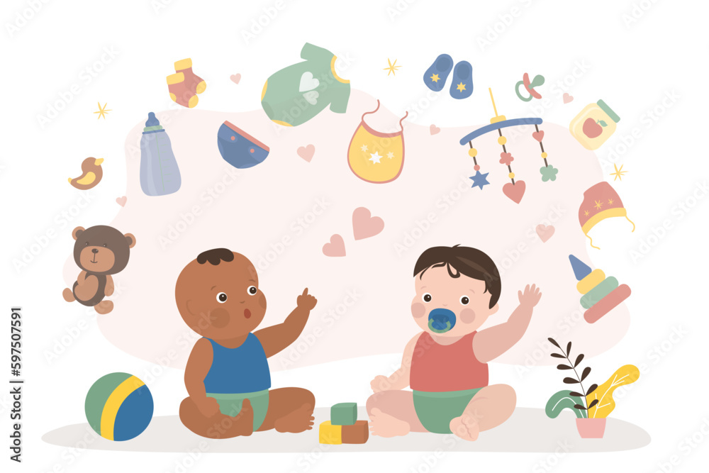 Obraz premium Multiethnic newborn babies sitting on carpet. Various icons, toys and items above them. Childhood, infant characters kids games, funny little multicultural kids