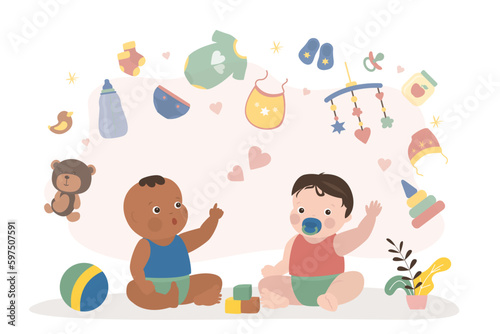 Multiethnic newborn babies sitting on carpet. Various icons, toys and items above them. Childhood, infant characters kids games, funny little multicultural kids