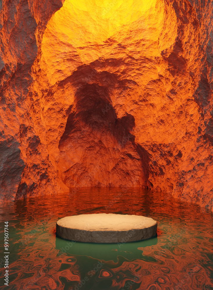 Stone copper podium show product inside rough rock hole cave nature