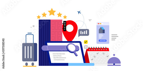 Modern design concept of plan a tour and travel, hotel search, online booking, reservation on laptop,  Vector illustration flat trendy design style. 