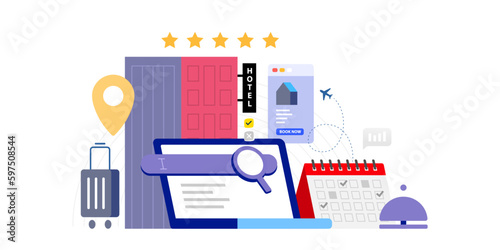 Modern design concept of plan a tour and travel, hotel search, online booking, reservation on laptop,  Vector illustration flat trendy design style. 