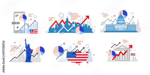 Concept collection of united states of America financial data growth  stockmarket flat illustration with statue of liberty  USA map and flag  white house  bank  and New York cityscape. 
