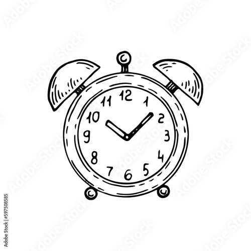 Alarm clock sketch. Desktop retro instrument measuring time line art. Hand drawn doodle vector illustration.