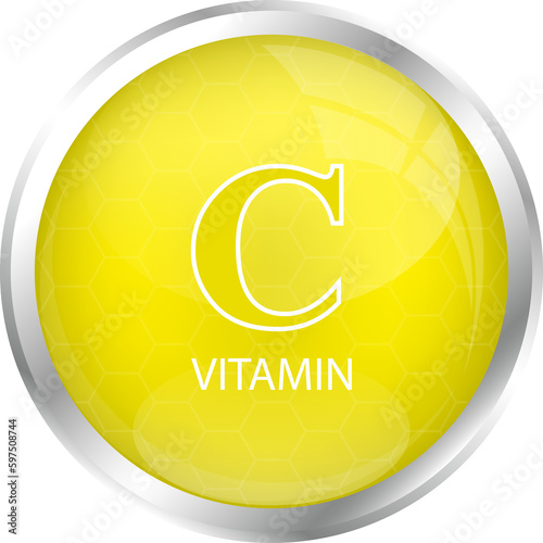 Vitamin C icon and structure isolated on cut out PNG. Yellow balls with vector illustration on yellow mix orange isolated background.3D Vitamin complex with chemical formula. Drug business concept.	