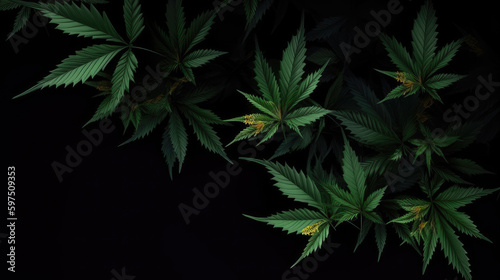 Cannabis leaves in the black background with space for copy. Generative AI