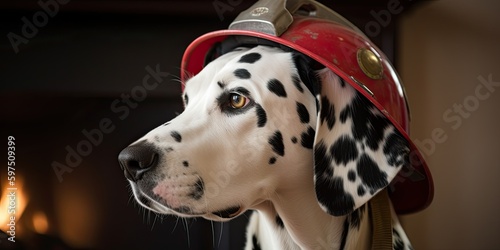 Dalmatian dog wearing a firefighter's helmet Generative AI © SKIMP Art