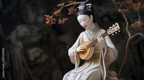 ancient Chinese musician woman playin guitar in garden, Generative Ai