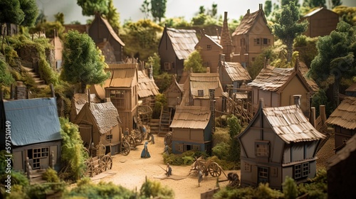 paper craft illustration of small village medieval town, Generative Ai
