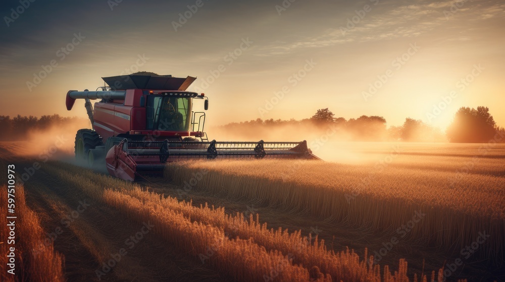 Fototapeta premium Combine harvester driving through a beautiful rye field. Generative AI
