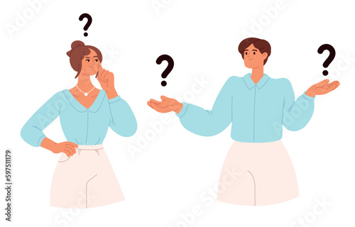 People thinking over question. Girl problems, person doubt, asking. Flat vector illustration