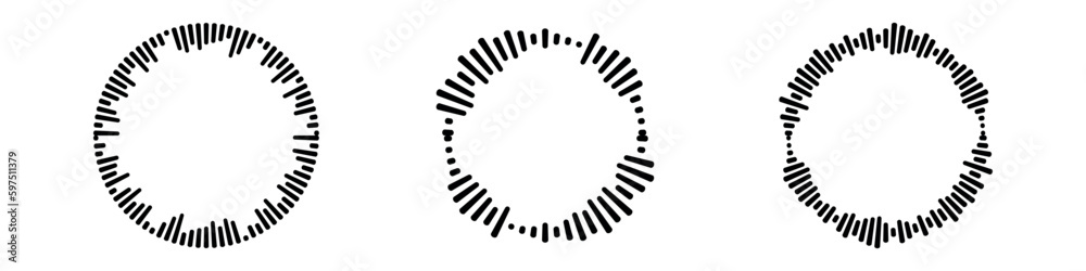 Circle audio waves set. Circular music sound graphic design collection. Round sound and radial radio equalizer.Vector isolated illustration Circle audio waves set. Circular music sound graphic design collection. Round sound and radial radio equalizer.Vector isolated illustration