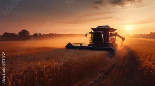 Combine harvester driving through a beautiful rye field. Generative AI