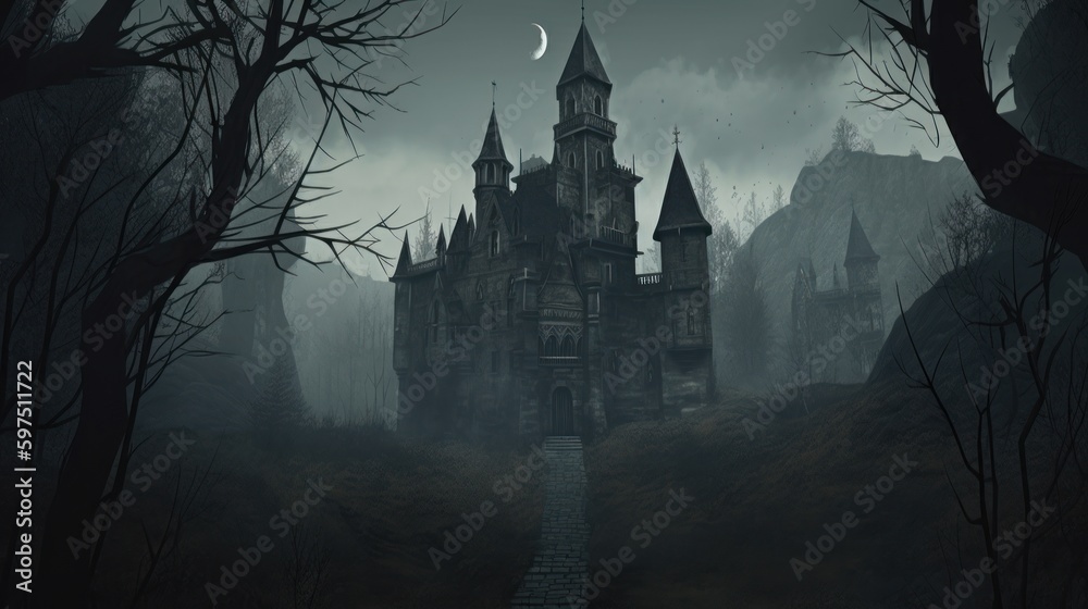 Gothic horror world with dark castle, crypts, and haunted forests