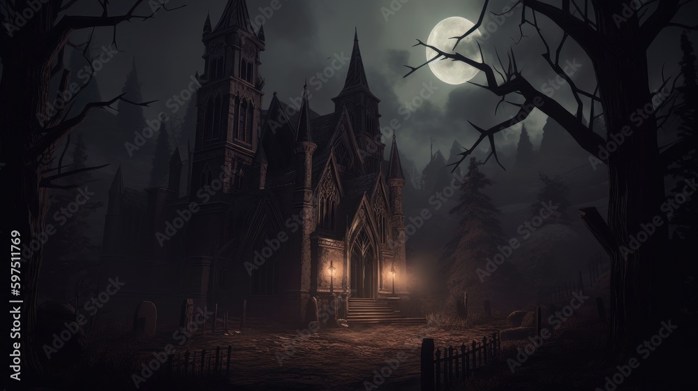 Obraz premium Gothic horror world with dark castle, crypts, and haunted forests