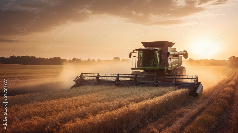 Fototapeta premium Combine harvester driving through a beautiful rye field. Generative AI