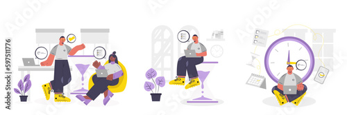 Cartoon characters working on laptop in co-working space illustrations set