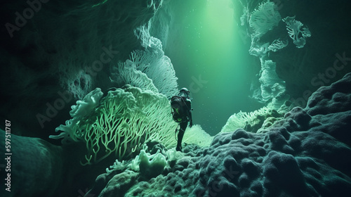 Underwater scuba diving in deep cold ocean sea rocks and beautiful coral plants. Diver with aqualung in seascape discovering researching a reef. Ai generated cinematic art
