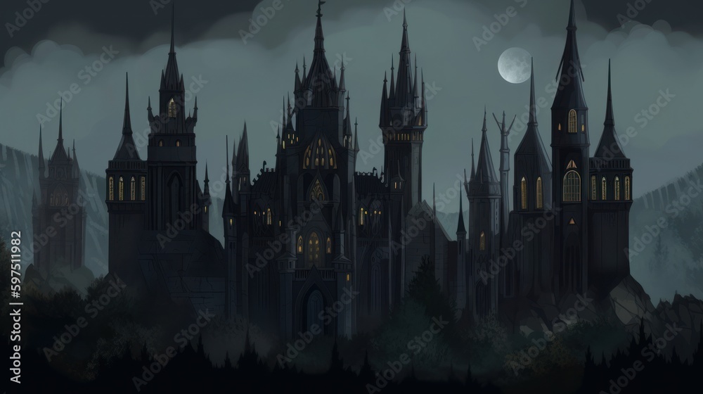 Gothic horror world with dark castle, crypts, and haunted forests