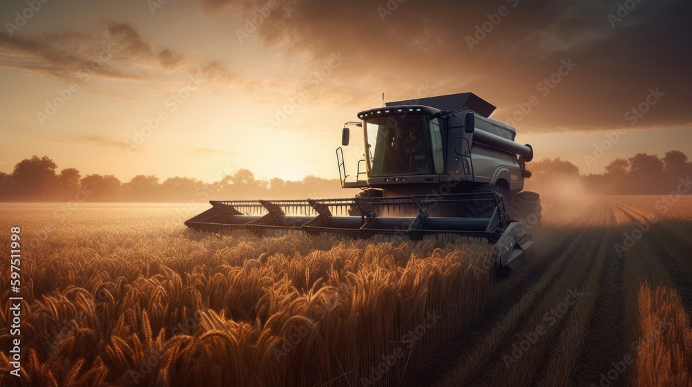 Fototapeta premium Combine harvester driving through a beautiful rye field. Generative AI