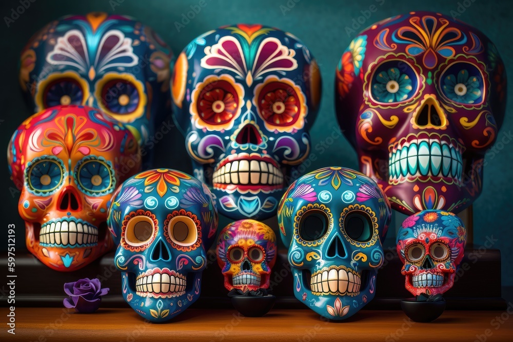 Day Of Dead Traditional Mexican Halloween Dia De Los Muertos Holiday Party. Decorated painted colorful skulls, death symbol. AI generative Day Of Dead Traditional Mexican Halloween Dia De Los Muertos Holiday Party. Decorated painted colorful skulls, death symbol. AI generative