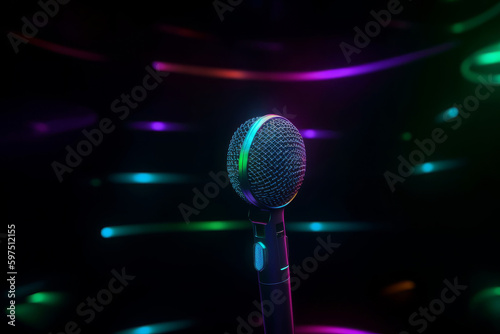 Neon black microphone background. Illustration AI Generative.