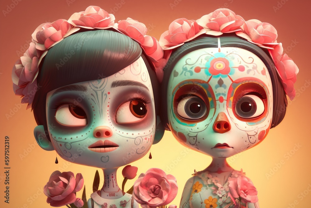 Sugar Skull cartoon family portrait. Dia de los muertos. Day of The Dead. Digital 3D illustration. Holiday Party Decoration Banner Invitation. Traditional Mexican culture festival . AI generative Sugar Skull cartoon family portrait. Dia de los muertos. Day of The Dead. Digital 3D illustration. Holiday Party Decoration Banner Invitation. Traditional Mexican culture festival . AI generative