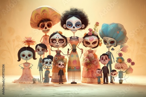 Sugar Skull cartoon family portrait. Dia de los muertos. Day of The Dead. Digital 3D illustration. Holiday Party Decoration Banner Invitation. Traditional Mexican culture festival . AI generative © Iryna
