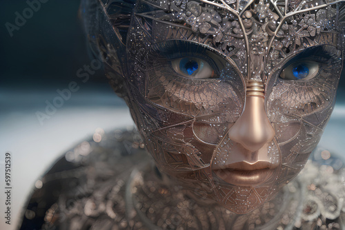 Portrait of a young performer in a stage play wearing glittering face and body costume. Young girl dressed in intricate and ornate sparkling full catsuit for a theatrical show. Closeup generative ai. photo