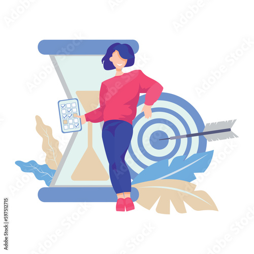 Pretty woman standing near hourglass, target and holding completed form