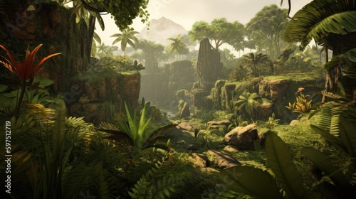 World inspired by the Amazon rainforest, with lush greenery, exotic wildlife, and tribal communities