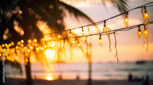 Lights in summer beach cafe. Illustration AI Generative