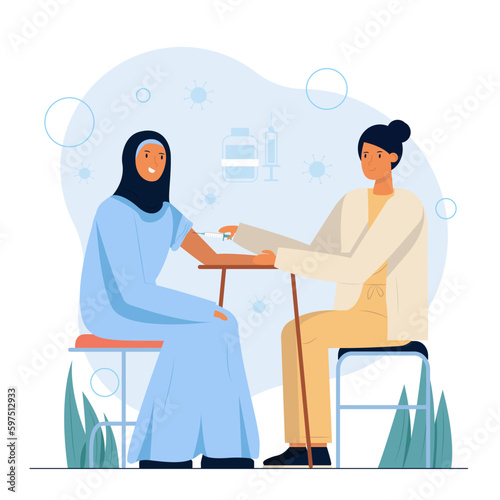 Cartoon nurse gives immune boosting shot to muslim woman wearing hijab in hospital illustration