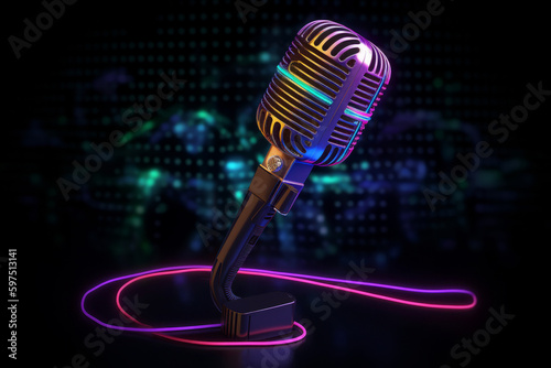 Neon black microphone background. Illustration AI Generative.