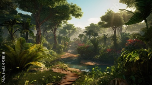 World inspired by the Amazon rainforest  with lush greenery  exotic wildlife  and tribal communities