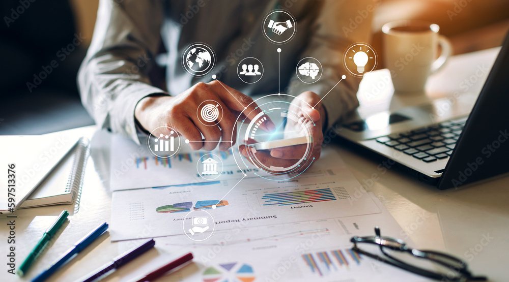 Businessman working on project for SWOT analyzing company financial report balance with augmented reality graphics at modern office space. Concept for business, economy, marketing and strategy.